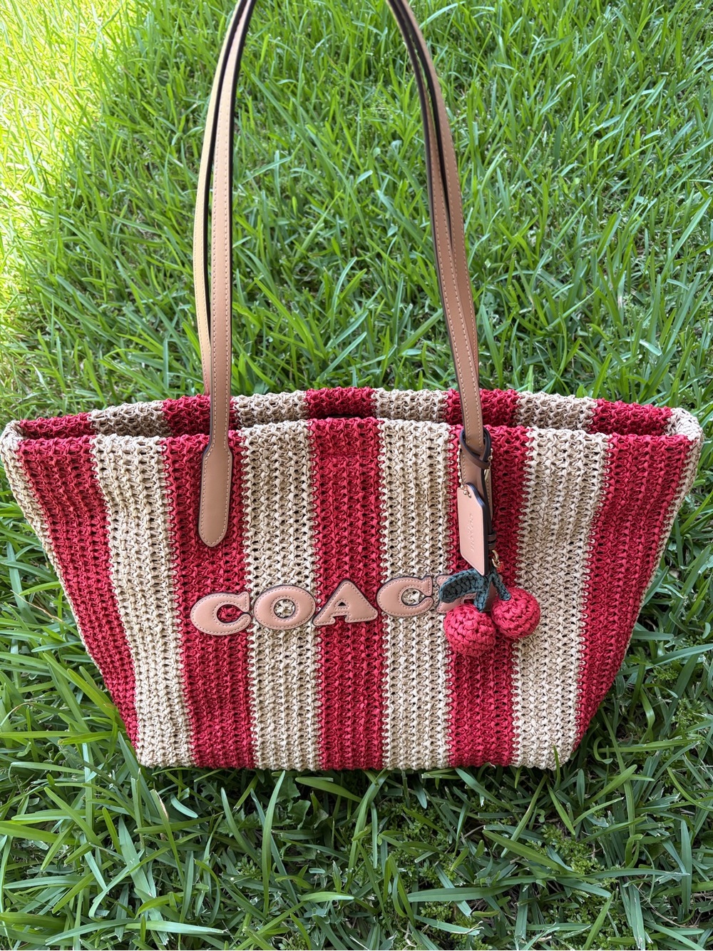 Coach Red and Cream Striped Crochet Tote with Pom-Pom Charm straw city tote new - Picture 1 of 16